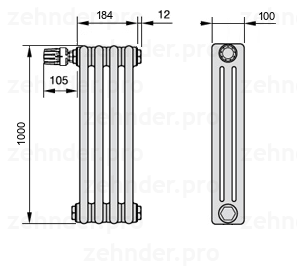 Схема (чертеж) Радиатор Zehnder Charleston 3100/4 №V011 Белый глянцевый RAL 9016